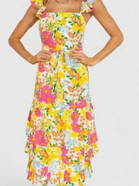 Baltic Born Pink & Yellow Floral Tiered Midi Dress